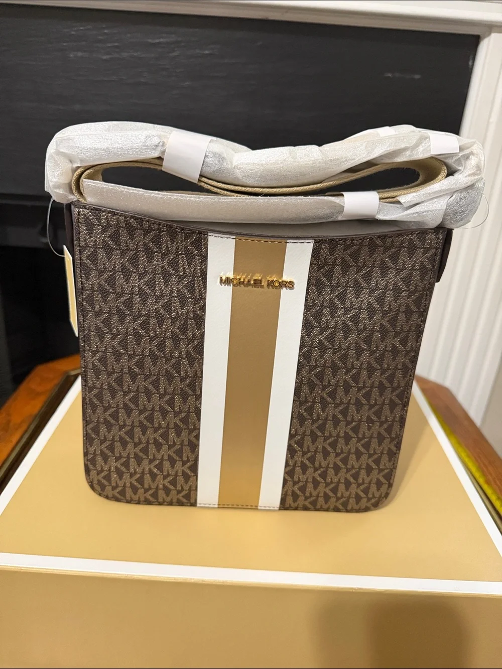 Michael Kors Brown Logo Messenger with White and Gold Stripe